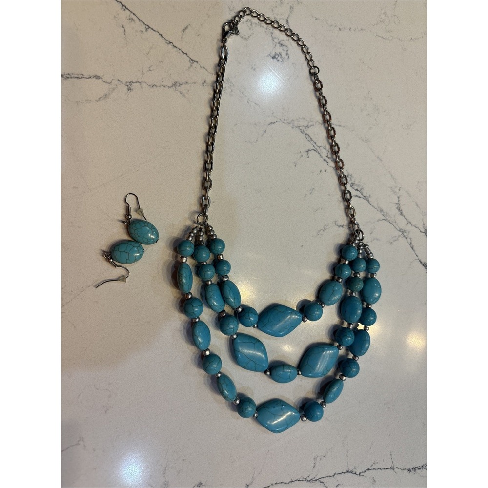 Southwest Native American Style Necklace/Earrings Faux Turquoise Silver  10in